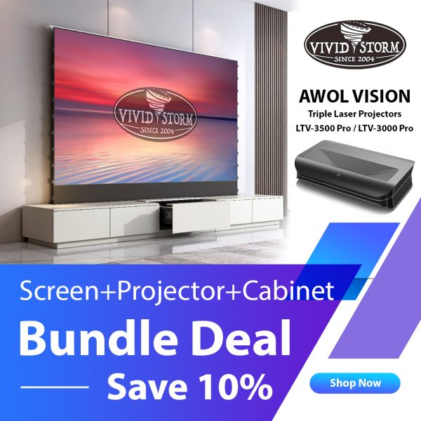 BUNDLE VIVIDSTORM S Pro Screen + AWOL Vision UST Projector + Motorised Cabinet Package Deal